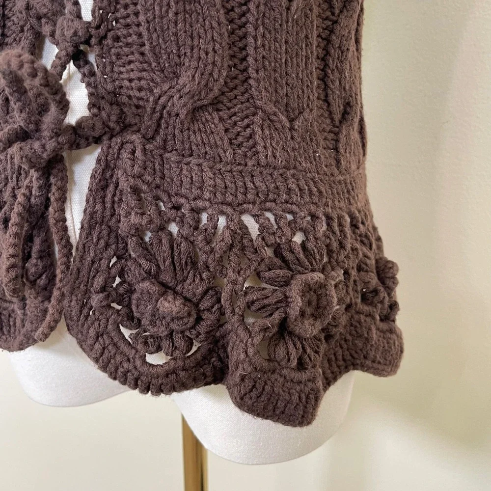 Vintage Nellik Crochet Lace Up Vest Women XS Brown Knit Floral Boho Festival Y2K